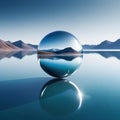 abstract minimalist futuristic fantastic seascape with calm polished chrome ring and silver ball under the plain gradient Fantasy