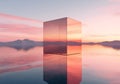 Abstract Minimalist Glass Cube Reflection on Water Surface at Sunset generated using AI.