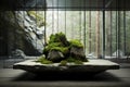 Abstract and minimalist interior design elements made from stone and moss