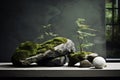 Abstract and minimalist interior design elements made from stone and moss