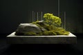 Abstract and minimalist interior design elements made from stone and moss