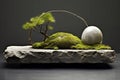 Abstract and minimalist interior design elements made from stone and moss