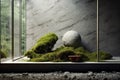 Abstract and minimalist interior design elements made from stone and moss