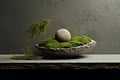 Abstract and minimalist interior design elements made from stone and moss