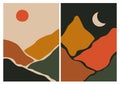 Abstract minimalist landscape. Day and night. Scenery in boho style. Mid century poster. Contemporary print.