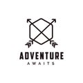 Abstract minimalist Outdoor adventure, archer hunter, travel badge logo with arrow and hexagon shape vector illustrations template