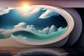 Abstract minimalist rendering of a frame on rippled water with an ellipse and clouds, sunbeams behind the corner of the frame,