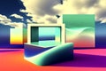 Abstract minimalist rendering of an unreal colorful landscape with square frames and shapes against a cloudy sky, made with
