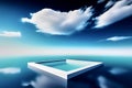 Abstract minimalist rendering of a white frame floating on a blurred water surface under a blue sky with clouds, made with