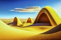 Abstract minimalist rendering of yellow arches under a cloudy blue sky in a desert landscape, made with generative ai Royalty Free Stock Photo