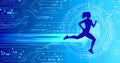 runner silhouette with dynamic vibrant lines showing motion, surrounded by data streams
