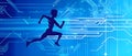 runner silhouette with dynamic vibrant lines showing motion, surrounded by data streams