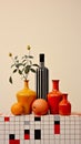 abstract and minimalist scene that combines vases, a bottle, and visually striking 3D still life art piece.