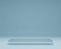 Abstract minimalist stage with a glass podium for the presentation of premium segment products. 3d renderer minalistic blue scene