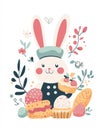 Minimalist Easter bakery logo design with bunny chef and pastries Royalty Free Stock Photo