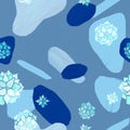 Abstract minimalist seamless pattern. Pastel and navy blue shapes with watercolor echeveria plants on blue background Royalty Free Stock Photo