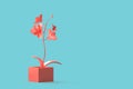Abstract minimalistic pink flower in a pot over teal background. 3D illustration