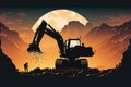 Abstract mining operation in progress with silhouettes of heavy equipment against a sunset sky