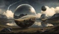 Abstract mirrored orb sphere balls reflecting landscape of mountains, lake and clouds. Background wallpaper.