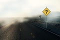 Abstract misty road with question mark road sign and mock up place. Future concept Royalty Free Stock Photo