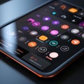 Abstract Mobile UI Elements on Sleek Black Touchscreen - Vibrant Buttons, Minimalist Icons, and Sm