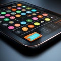 Abstract Mobile UI Elements on Sleek Black Touchscreen - Vibrant Buttons, Minimalist Icons, and Sm