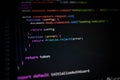 Abstract mockup of error handling logic and configuration interception in dark-mode code editor, showcasing fictional API flow, Royalty Free Stock Photo