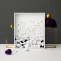 Abstract modern background, purple raindrops and gold fireflies, white pebbles and black cubes AI generation