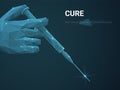 Abstract modern business background vector depicting cure concept with polygonal hand holding vaccine injection on blue background Royalty Free Stock Photo