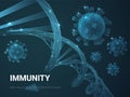 Abstract modern business background vector depicting immunity with virus cells around DNA double helix on blue background Royalty Free Stock Photo