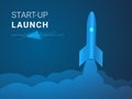 Abstract modern business background vector depicting startup launch in shape of a rocket ship taking off on blue background