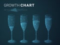 Abstract modern business growing chart with stars and lines in shape of increasingly full champagne glasses on blue background