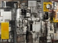 Abstract modern collage and mixed media themed painting with grey and yellow and dynamic shapes.