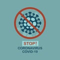 Abstract modern electron micrograph Coronavirus cell structure of STOP COVID-19 sign icon on teal