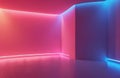 Abstract modern empty room corner with vibrant pink, blue neon lights. Gradient color illumination creates dynamic studio space. Royalty Free Stock Photo