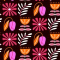 Abstract modern floral and botanical elements in a seamless pattern. Square geometric prints of tulip, leaf, flower