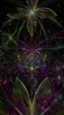 Abstract modern fractal background with twisted interconnected psychedelic space flowers and decorative stars in green,yellow,pink