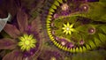Abstract modern fractal background with twisted interconnected psychedelic space flowers and decorative stars in green,yellow,pink