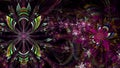 Abstract modern fractal background with twisted interconnected psychedelic space flowers and decorative stars in green,yellow,pink