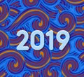 Abstract 2019 modern greeting card design. Blue waving texture with 2019 symbol. Isolated vector illustration.