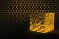 A abstract modern hive with bee on honey comb on beekeeper\'s day. Magic shiny hexagonal cube gold background Royalty Free Stock Photo