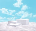 Abstract modern minimal background with empty 3D podium is on white sand against blue sky and soft clouds 3D render Royalty Free Stock Photo