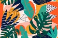 Abstract modern tropical paradise collage with various of fruits, exotic plants and geometrical shapes seamless pattern