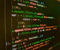 Abstract modern virtual computer script. Application web source code on monitor. Monitor closeup of function source code. Shallow Royalty Free Stock Photo