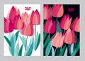 Abstract modern vivid floral motif for surface design. Cool spring pattern with geometric decorative pink tulip flowers. Greeting
