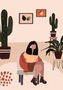 Abstract modern woman in fashion trendy clothes sitting on chair in room with cactus pot