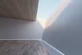 Abstract modern wooden and white concrete interior with ceiling opening with sky view. Mock up place on walls. Royalty Free Stock Photo