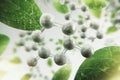 Abstract Molecular Structure with Green Leaves - Eco-Friendly Biotechnology. Royalty Free Stock Photo