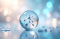 Abstract molecular structure inside clear droplet on bright surface. Bubbles and light bokeh create science aesthetic. Water Royalty Free Stock Photo