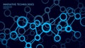 Abstract molecular structure network. Interconnected circular nodes form a complex system. Science, chemistry, and